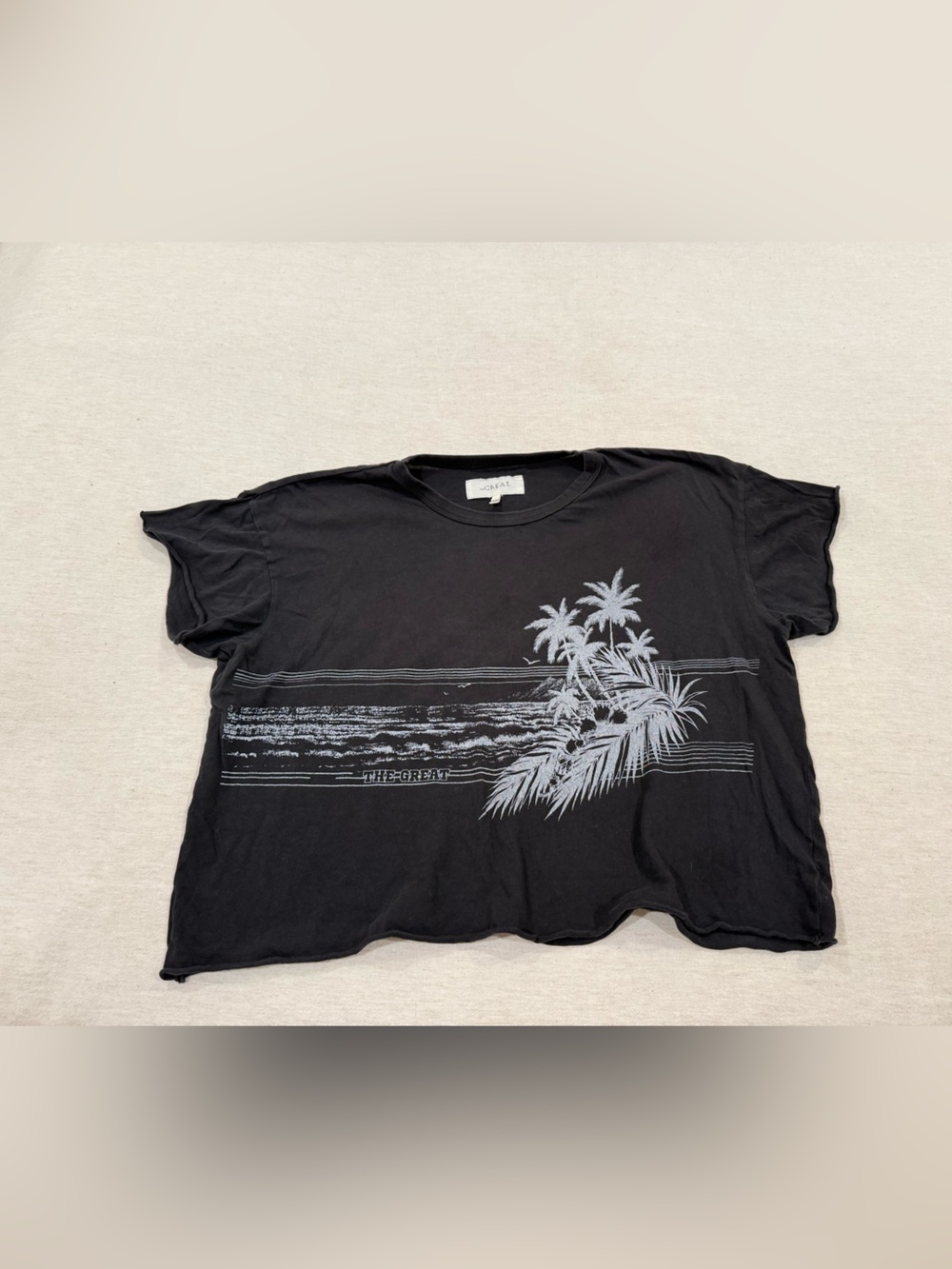 THE GREAT. Black Tee with White Palm-Print Graphic